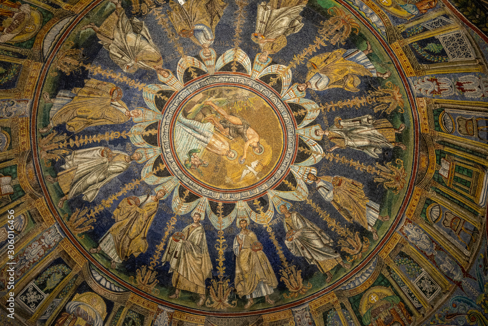 The ceiling mosaic in the Baptistry of Neon in Ravenna. Italy