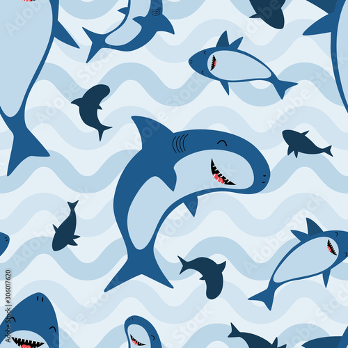 Shark pattern with blue colors and waves