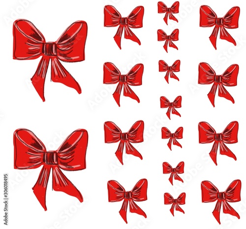Handmade seamless pattern of red festive Christmas bows on a white isolated background for printing on wrapping paper, decorating a gift or greeting card for Valentine's Day and all lovers