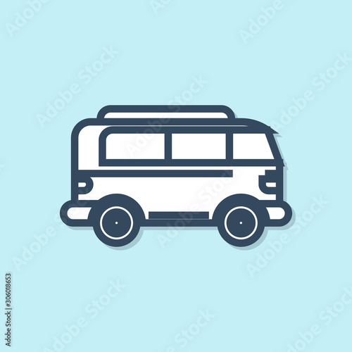 Blue line Retro minivan icon isolated on blue background. Old retro classic traveling van. Vector Illustration