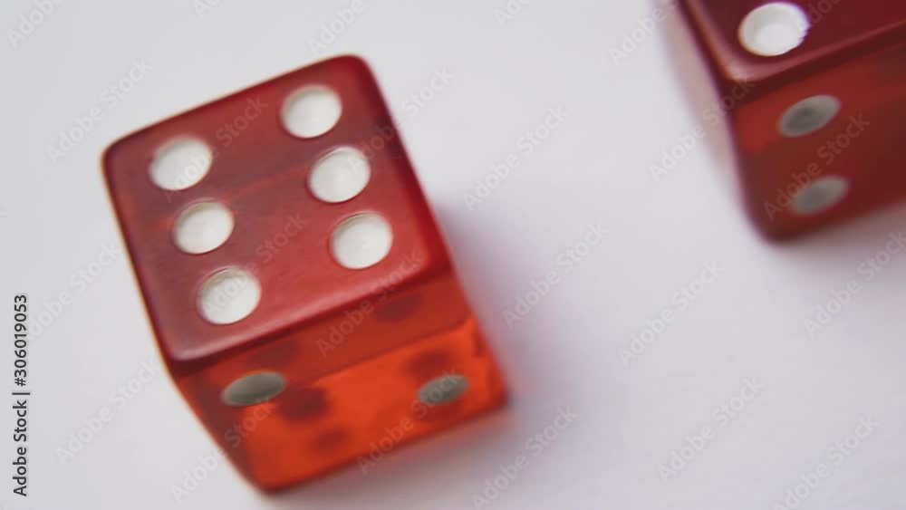 motion above red plastic dices with spots on transparent sides on white surface extreme close view motion above red plastic dices with spots on transparent sides on white surface extreme close view