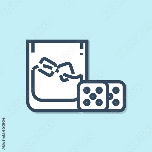 Blue line Game dice and glass of whiskey with ice cubes icon isolated on blue background. Casino gambling. Vector Illustration