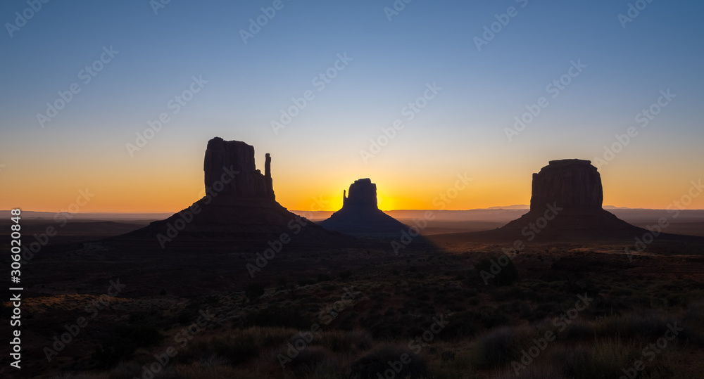 Monument Valley region of the Colorado Plateau with vast sandstone buttes on the Arizona–Utah border, in a Navajo Nation Reservation. USA