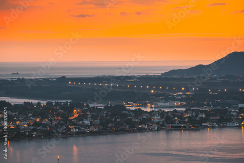 Alesund, Norway. Night View Of Residential Area In Alesund Skyline. Cityscape In Summer Morning