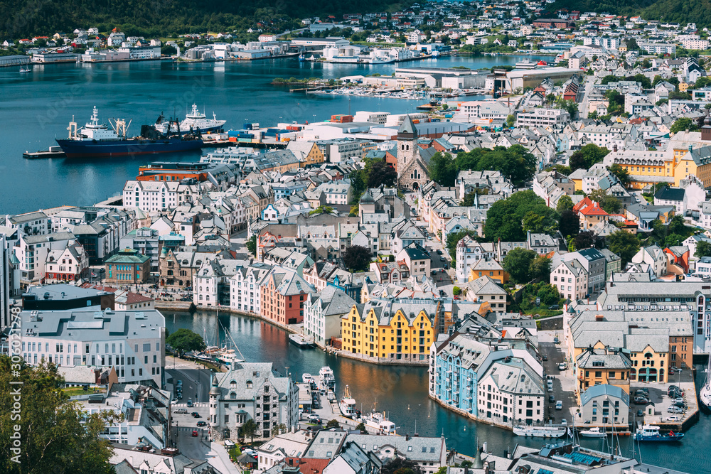Alesund, Norway. View Of Alesund Skyline Cityscape. Historical Center In Summer Sunny Day. Famous Norwegian Landmark And Popular Destination. Alesund, Kiven viewpoint, Mt