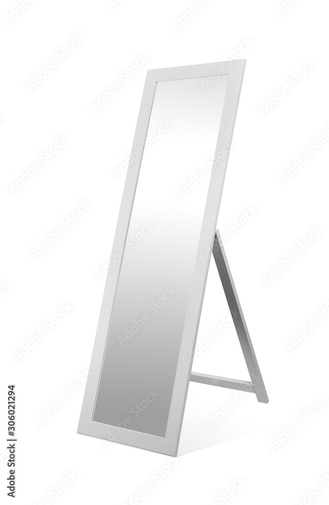 Wooden white rectangular large stand mirror isolated on white background Wooden white rectangular large stand mirror isolated on white background