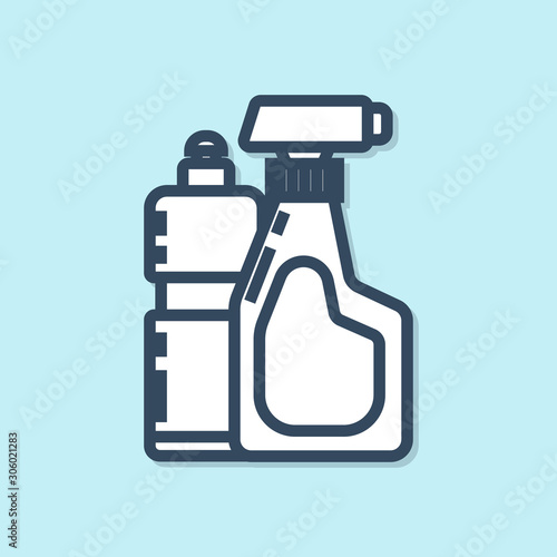 Blue line Plastic bottles for liquid laundry detergent, bleach, dishwashing liquid or another cleaning agent icon isolated on blue background. Vector Illustration