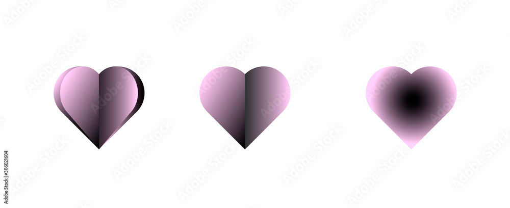 Pink black Heart of different shapes. Set on white, gradient. Ve