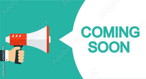 Coming soon banner with loudspeaker. Vector illustration