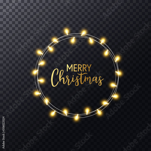 Christmas lights wreath with hand lettering Merry Christmas. Glowing gold xmas garland. Luxury frame. Holiday design for greeting card, banner, poster, invitation. Vector illustration