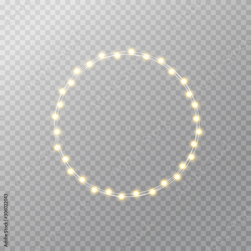 Christmas lights wreath. Glowing gold xmas garland. Merry Christmas luxury frame. Holiday design for greeting card, banner, poster, invitation. Vector illustration
