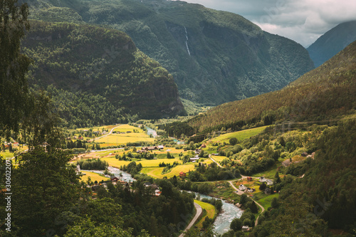 Fortun, Sogn Og Fjordane County, Norway. Beautiful Valley In Norwegian Rural Landscape. Jostedola River In Summer Day
