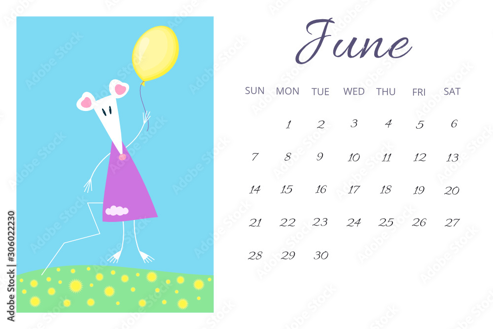 June calendar sheet 2020 with cute cartoon triangle shaped white rat or mouse - symbol of New Yer in Chinese horoscope. 