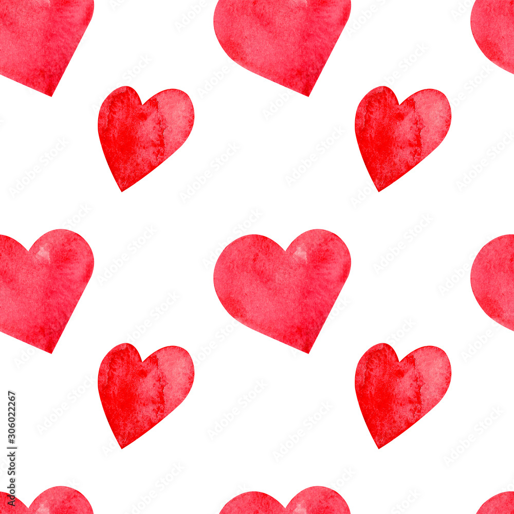 Seamless pattern with hand painted watercolor red hearts on white background. Perfect for Valentine's