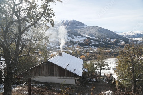 First snow in the forest in the mountains