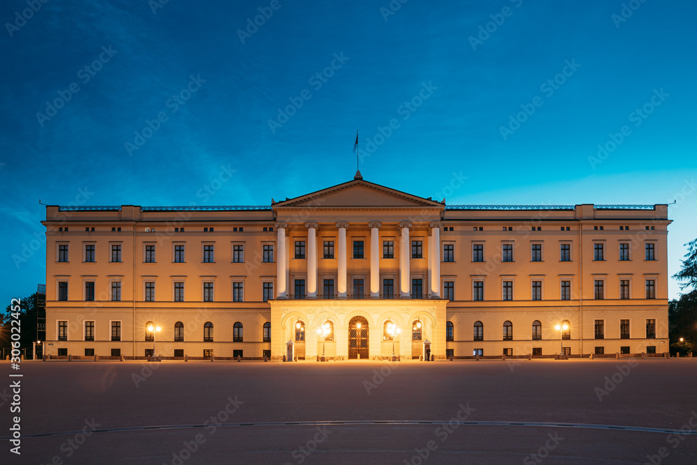 Oslo, Norway. Royal Palace - Det Kongelige Slott In Summer Evening. Night View Of Famous And Popular Place