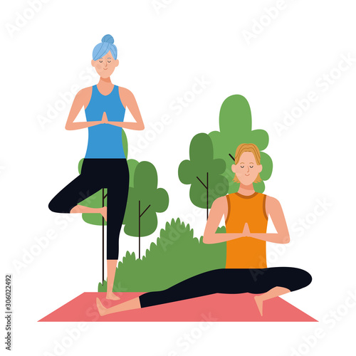 cartoon man and woman doing yoga poses at outdoors