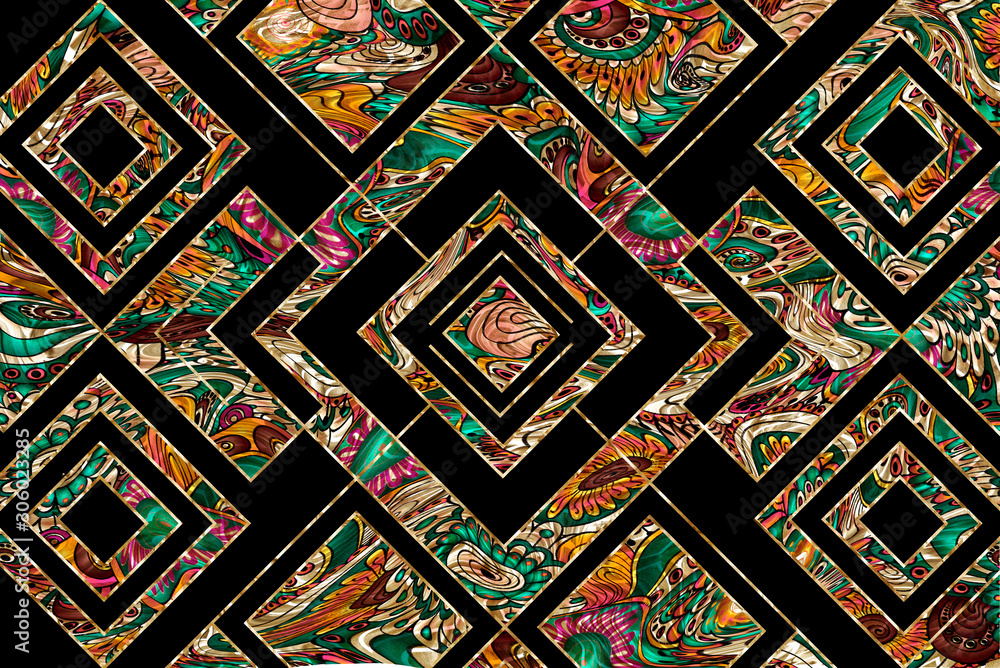 paisley pattern with flowers on black background