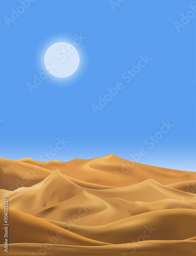 Vector illustration of desert panorama landscape with sand dunes on very hot sunny day summer, Minimalist panoramic cartoon nature empty sand and sun with clean sky.