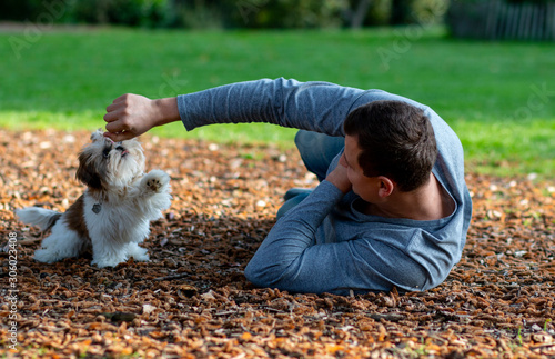 Foto man wallowing in a park on cones with a beautiful puppy interacting with an anim
