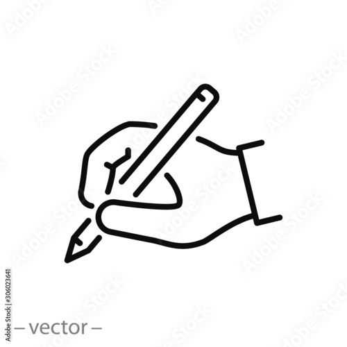 hand holding pen icon, handwriting, writing signature, thin line web symbol - editable stroke vector illustration eps10