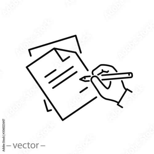 writing legal contract icon, pencil in hand and business document or report job, resume finance process, thin line web symbol - editable stroke vector illustration eps10