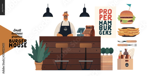 Burger house -small business graphics - waiter and food -modern flat vector concept illustrations -bartender, owner wearing apron at the counter, chesseburger, french fry, captions posters, condiments