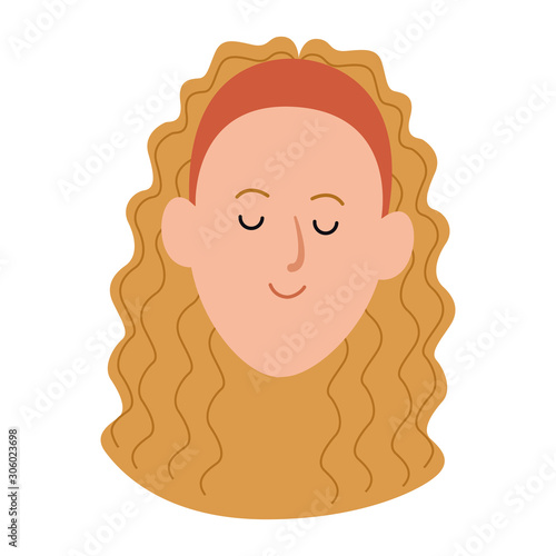 cartoon woman face with curly hair icon, flat design