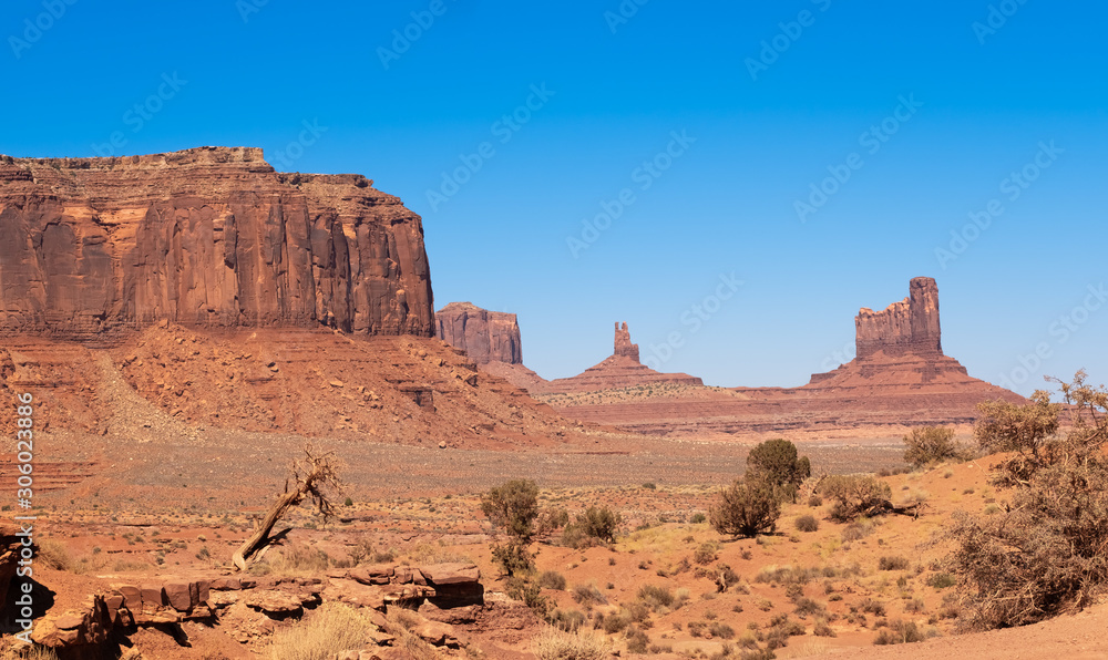 Monument Valley region of the Colorado Plateau with vast sandstone buttes on the Arizona–Utah border, in a Navajo Nation Reservation. USA