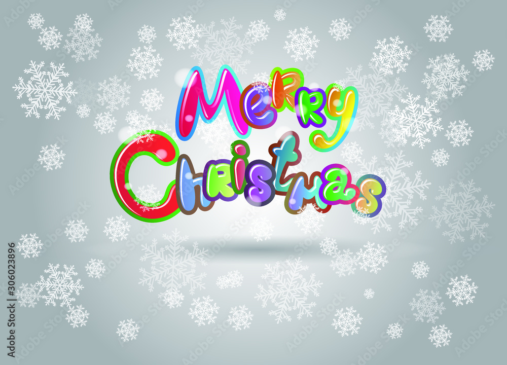 Vector cartoon, color inscription Merry Christmas on a gray background with snowflakes. Holiday greeting card