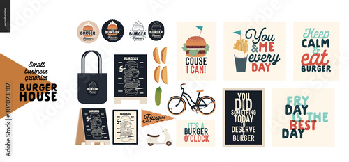 Burger house - small business graphics - shop elements -modern flat vector concept illustrations - pavement stand, logo, blackboard, branded bag, menu, table, plants, captions posters, bicycle