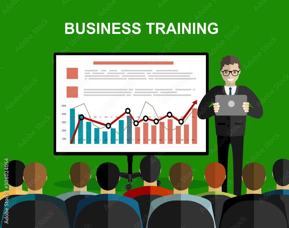 Training staff, business presentation, meeting, financial report, business school. Flat illustration. Modern flat design for websites, web banner, infographics, printed materials. Vector illustration Training staff, business presentation, meeting, financial report, business school. Flat illustration. Modern flat design for websites, web banner, infographics, printed materials. Vector illustration