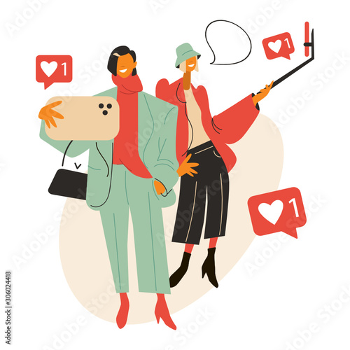 Vector Illustration Inscription Blogging. Influencer. Two stylish girls remove vlog. Vector illustration in flat cartoon style. Isolated on white background. 