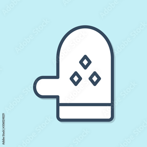 Blue line Oven glove icon isolated on blue background. Kitchen potholder sign. Cooking glove. Vector Illustration