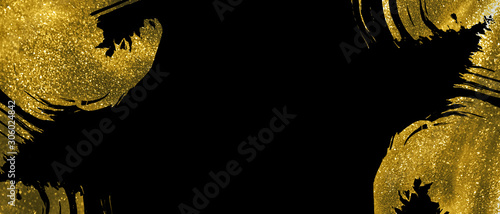 Banner with abstract gold shimmer brush strokes on black background. Hand drawn painted modern glittering shape. Trendy open composition. Copy space.