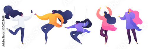 Women recreation flat vector illustrations set. Social media leisure, girlfriends with smartphone. African american lady on swing. Dancing and singing hobby, female singer holding microphone