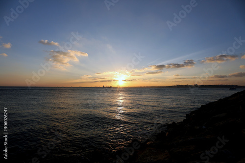 Sunset view of marmara sea and cargo ship © spoux