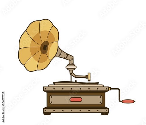 Steampunk retro gramophone isolated. Vintage cartoon phonograph. Vector illustration.