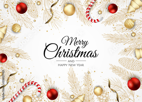 Christmas greeting card with Christmas Tree Decorations, Pine Branches, snowflake and confetti.