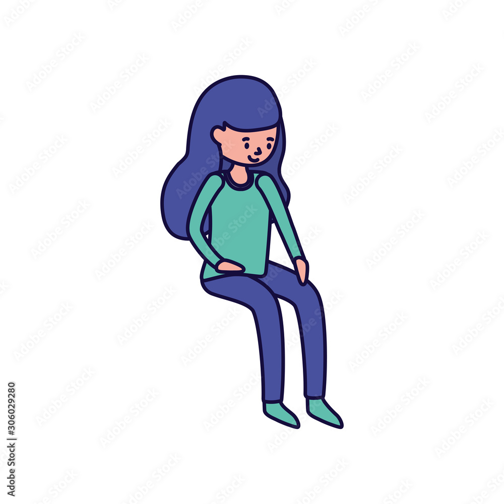 young woman cartoon character sitting on white background
