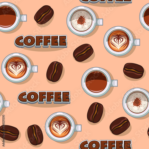 Pattern of set of different sorts of coffee in white cups and coffee beans