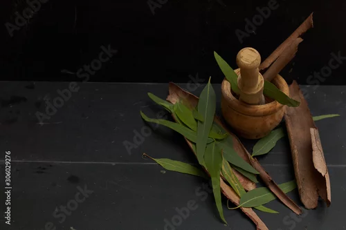 Obraz eucalyptus medicine tea over wood in dark background