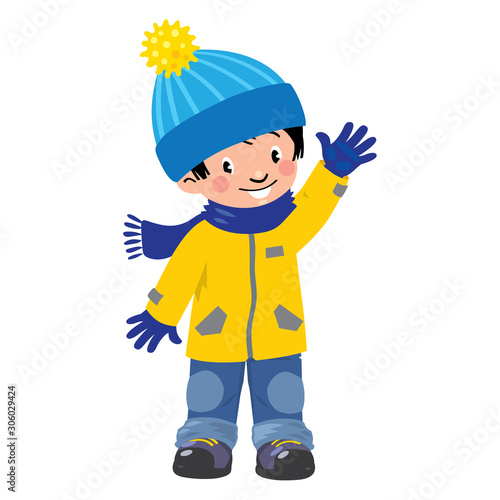 Funny little asian boy in winter clothes. Children