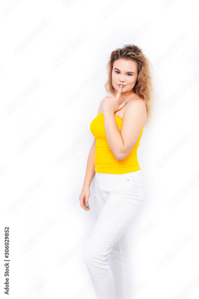 young pretty blond girl posing happy smiling on white background isolated, lifestyle people concept young pretty blond girl posing happy smiling on white background isolated, lifestyle people concept