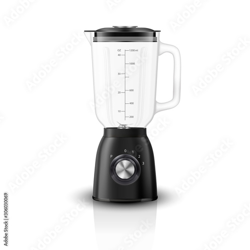 Vector 3d Realistic Electric Black Juicer Blender Appliance with Glass Container Icon Closeup Isolated on White Background. Design Template, Health Food and Drink Concept