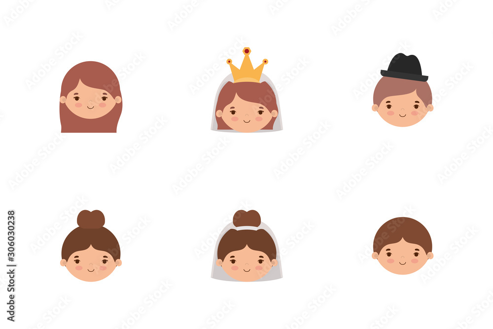 Set of brides and grooms cartoons design Set of brides and grooms cartoons design