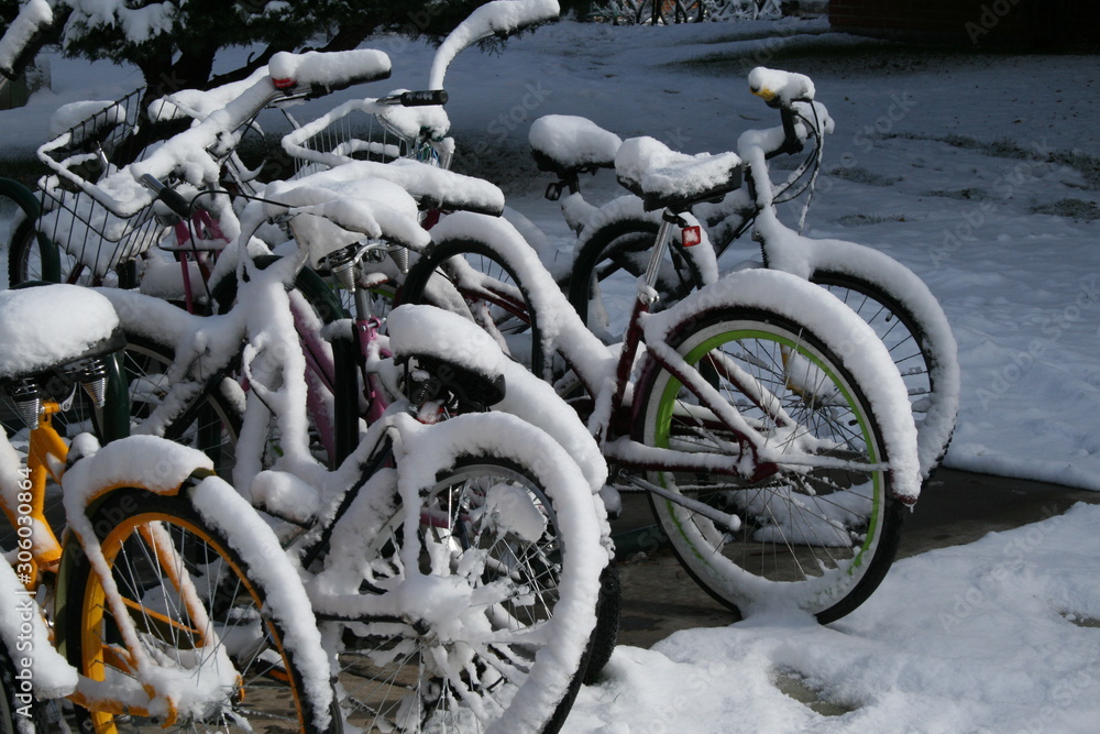 Frozen Bicycles covered in snow