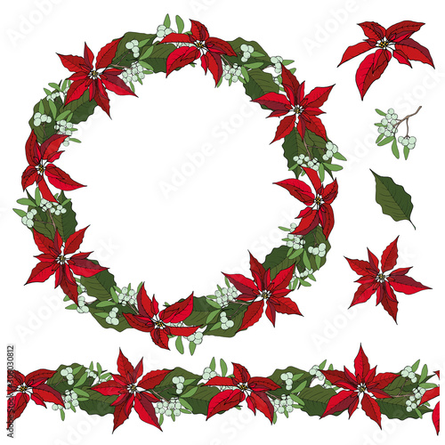 Vector christmas wreath. From red poinsettia and cinnamon, and mistletoe, on a white background. Christmas decoration on white. Vector EPS 10.