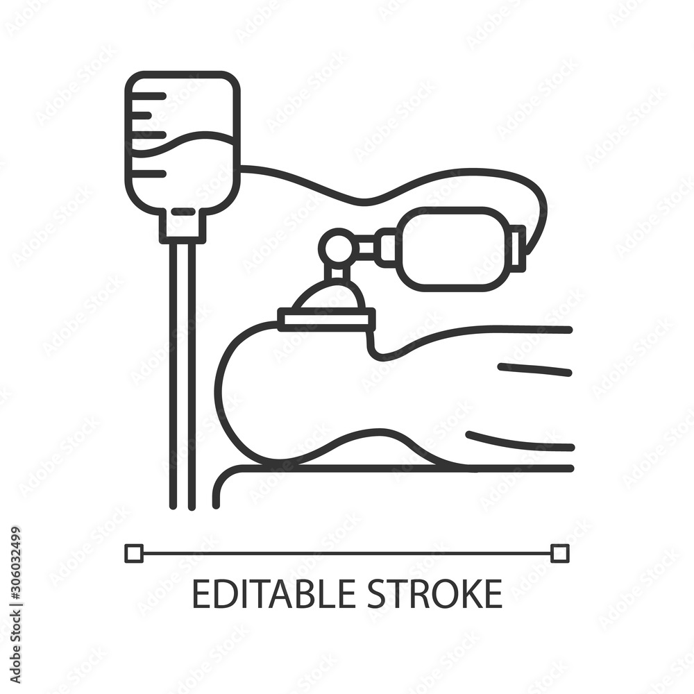 Anesthesia linear icon. Medical procedure. Apnea stage. Liquid induction. Patient unconscious on bed. Dropper. Thin line illustration. Contour symbol. Vector isolated outline drawing. Editable stroke