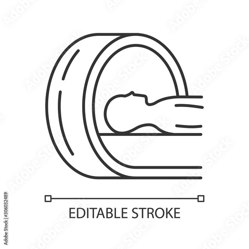 Tomography linear icon. Brain scan. Cancer tumor risk check. Illness diagnosis. Disease examination. Thin line illustration. Contour symbol. Vector isolated outline drawing. Editable stroke